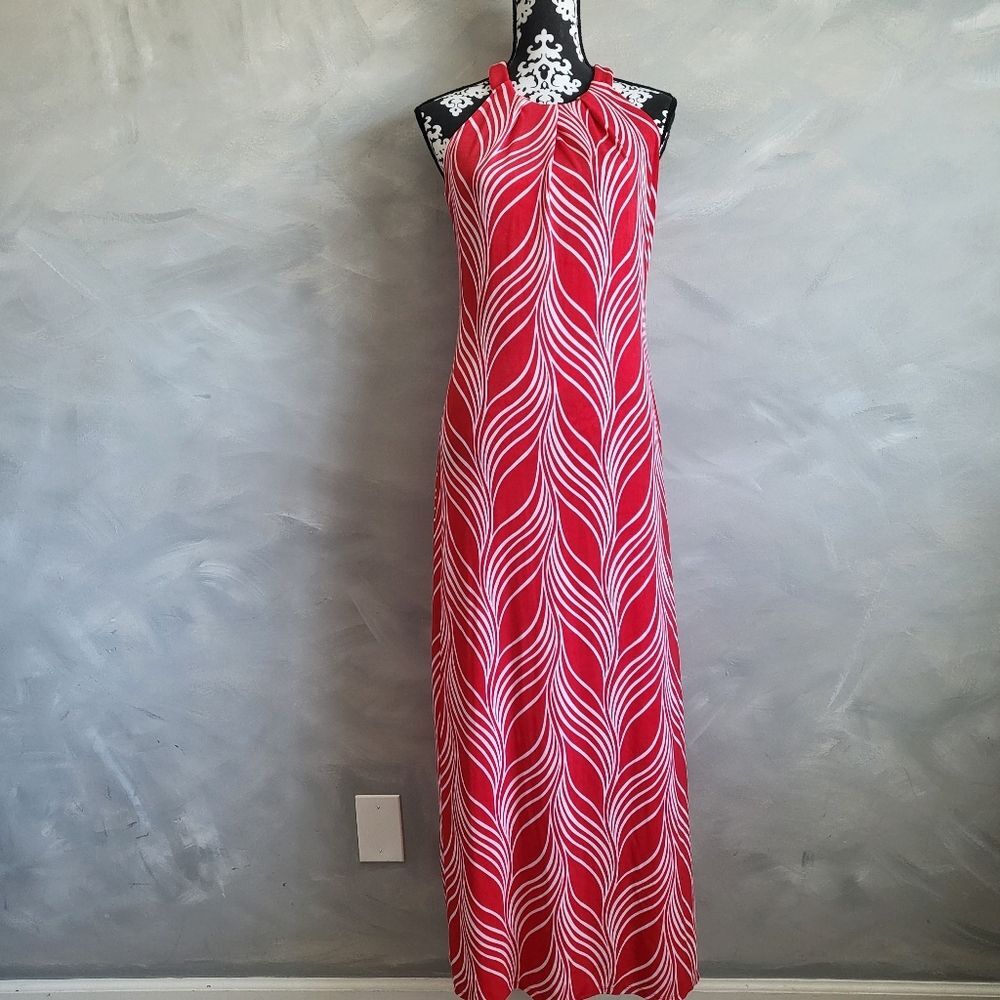 Chicos Travelers Classic Graceful Lines Printed Halter Maxi Dress Chinese Red 0